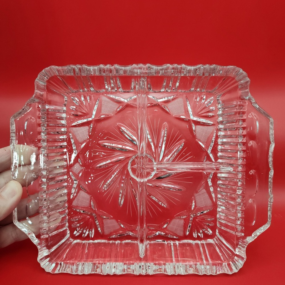 Vintage Clear Pressed Glass‎ Divided Relish Dish Pinwheel Starburst 3 Section 7"